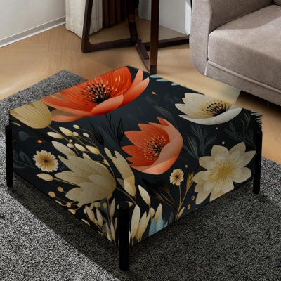 Black And Beige Vintage Romance Floral Pattern - Floral Large Square Ottoman