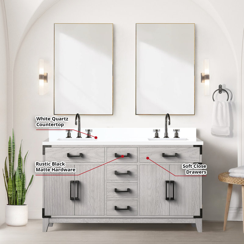 Meuble-lavabo double l 60 po en chêne blanc avec comptoir en quartz - Décoration de salle de bain V 60 po x P 22 po