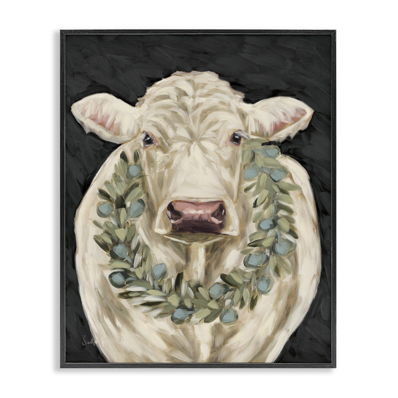 Vache avec couronne de vacances, estampe numérique encadrée noire par Sara G Designs, Giclée encadrée noir minuit