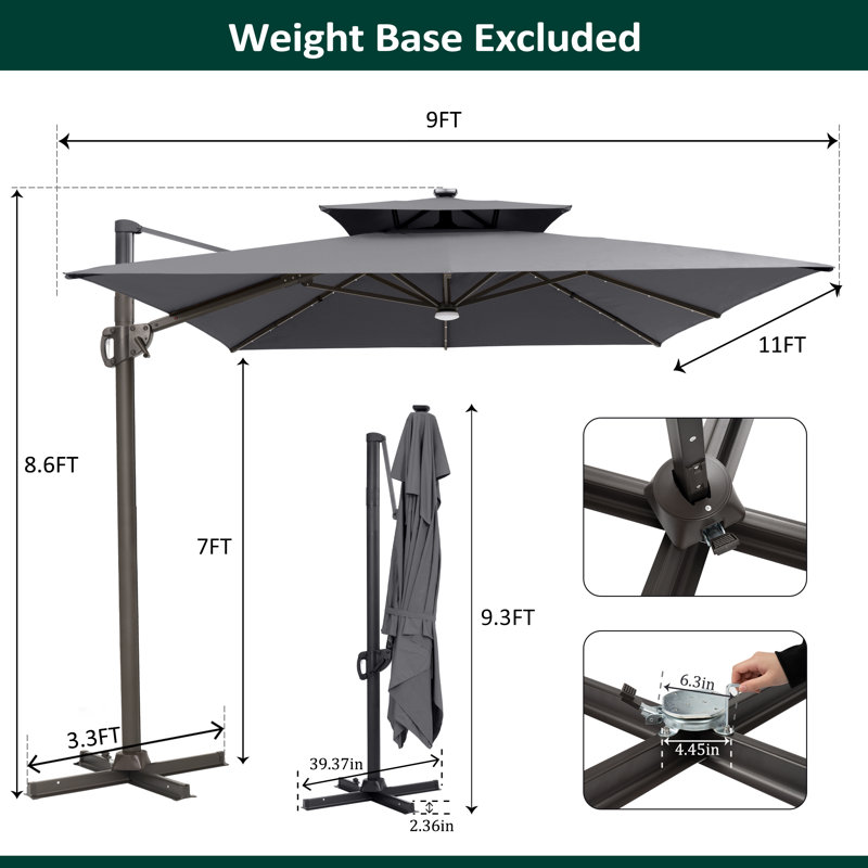 129'' X 105'' Rectangular Outdoor Solar Led Cantilever Patio Umbrella without Weighted Base, Dark Grey