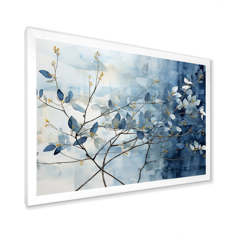 Blue And Grey Leave On Branch I On Canvas Print, 16" H x 32" W x 1" D, White Single Picture Framed