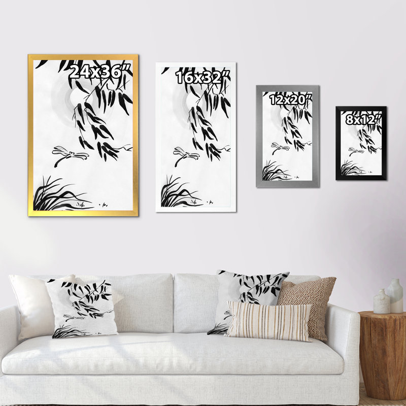 Croquis asiatique de libellule - Peinture, H 32 po x l 16 po x P 1 po, Cadre photo blanc