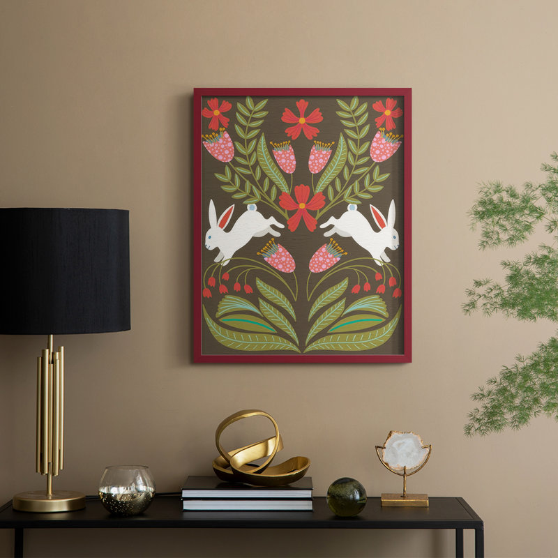 Folk Flower and Rabbit I Framed Print - Solid Wood, 11" H x 9" W, Red