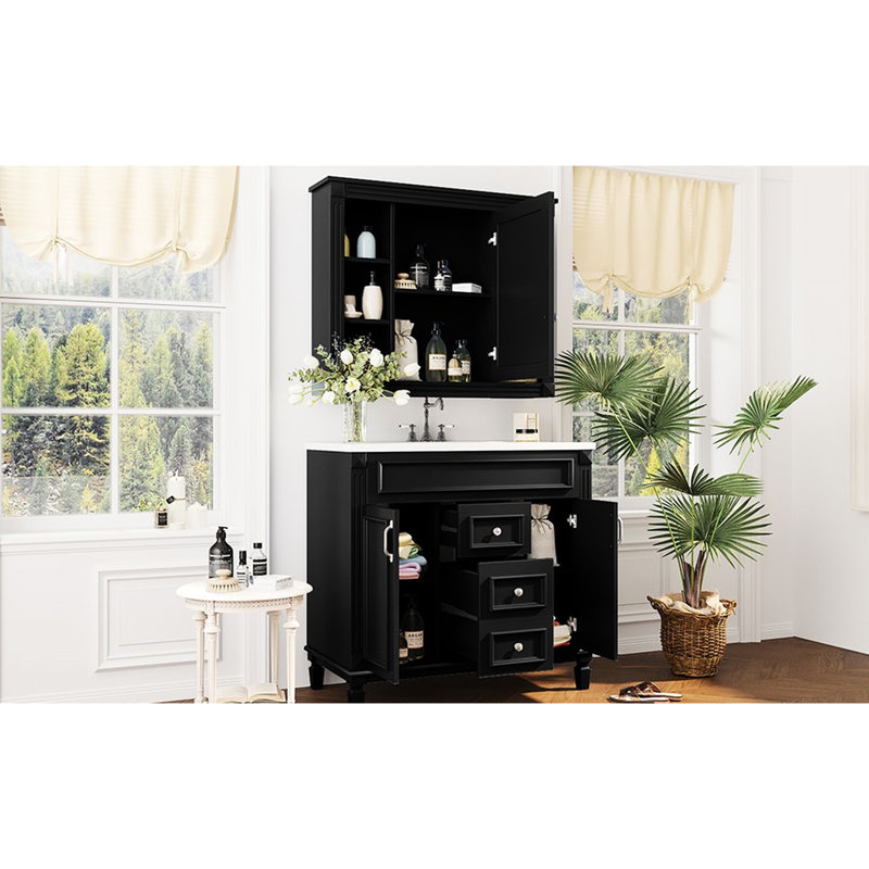Meuble-lavabo de salle de bain, armoire à miroir noire, 2 portes et tiroirs, décor moderne et pratique, 29"