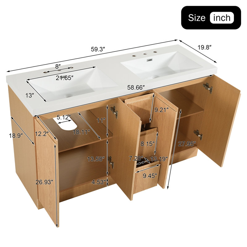 Ensemble de meuble-lavabo autoportant 59,3 pouces avec plateau SMC, armoire en panneau de fibres à densité moyenne avec cadre en bois massif, quatre portes, trois tiroirs, portes à fermeture en douceur, meuble-lavabo moderne pour les grandes salles de bain