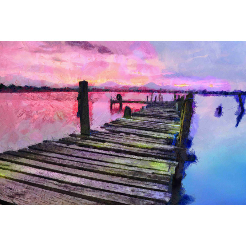 «Purple Sunset Dock» - peinture sur toile tendue, H 8 po x l 12 po