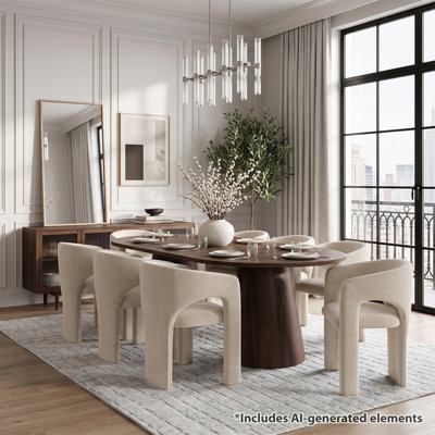 Round-to-Oval Extendable Dining Set with Chenille Upholstered Barrel Armchairs
