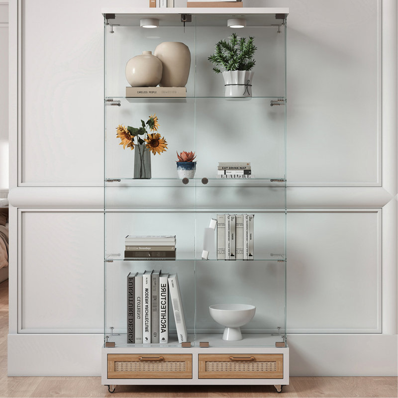 Vitrine multifonctionnelle en verre à 2 portes avec 13 lumières DEL de couleur, 4 tablettes et grands tiroirs pour la chambre à coucher, la salle à manger