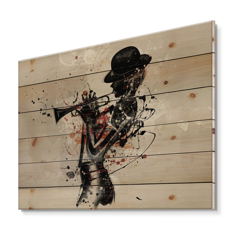 Femme jouant de la trompette jazz - impression moderne sur bois de pin naturel, H 30 po x l 40 po x P 0,78 po