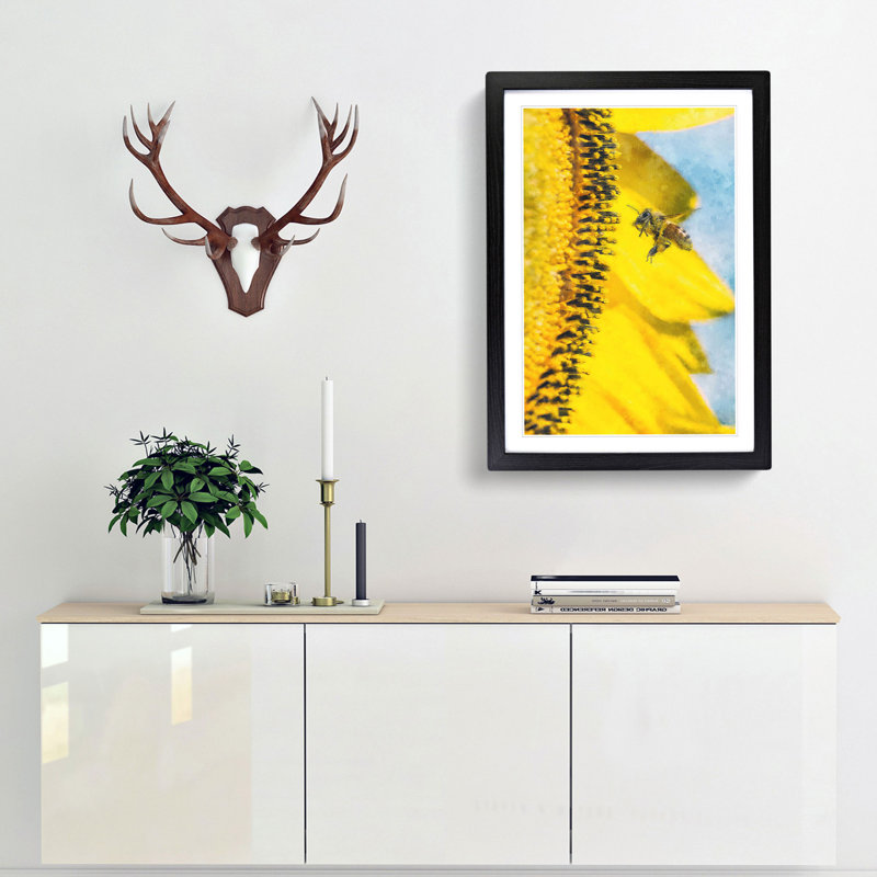 Busy Bee & Yellow Flower - Picture Frame Graphic Art Print, Black Framed, 33cm H x 24cm W x 2cm D