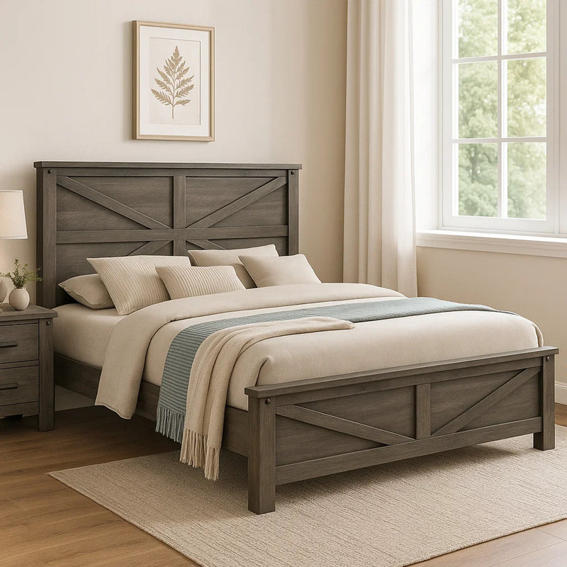Bry Queen Size Bed W Chevron Panel Headboard, Rustic Gray Wood Frame, Queen