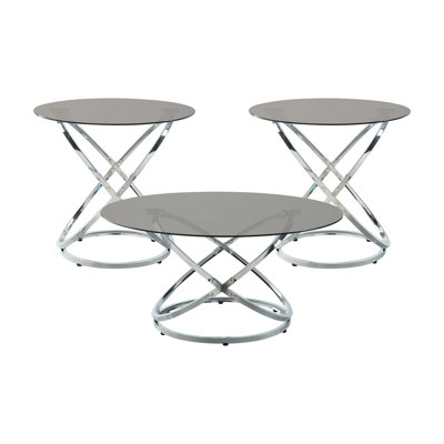 Modern Luxury 3-Piece Occasional Table Set Chrome Metal Cocktail Table Coffee Tables Tempered Glass Top