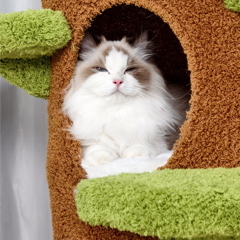 58.3'' H Solid Wood Cat Tree / Multi Cat Condo Warm Soft Furry Cat Climbing Shelf Fluffy Perch Cat Bed