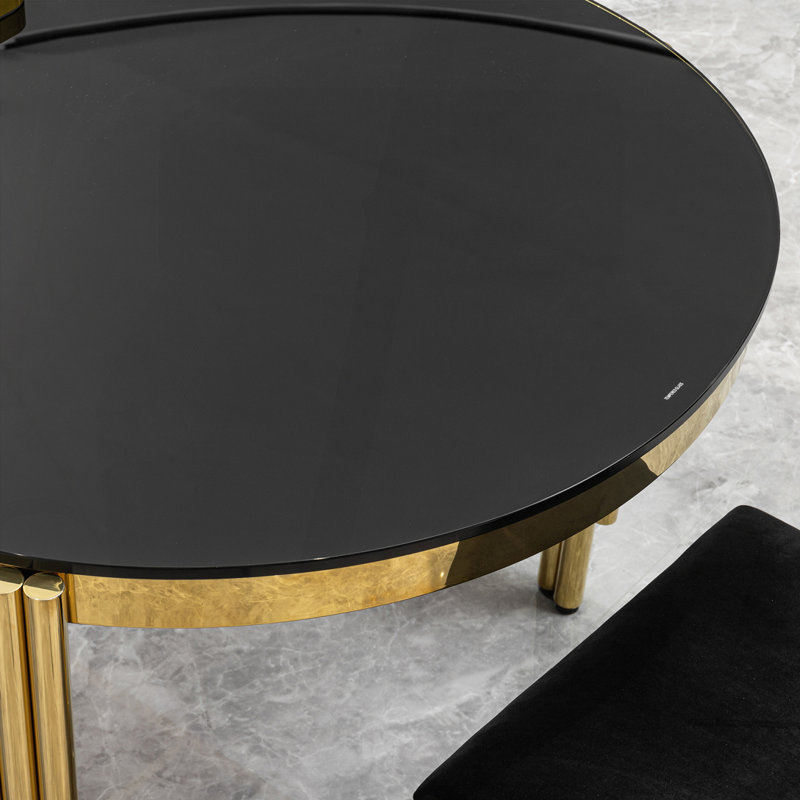 Table de salle à manger 70 "ovale en verre noir - pieds en acier inoxydable doré, sièges 6-8
