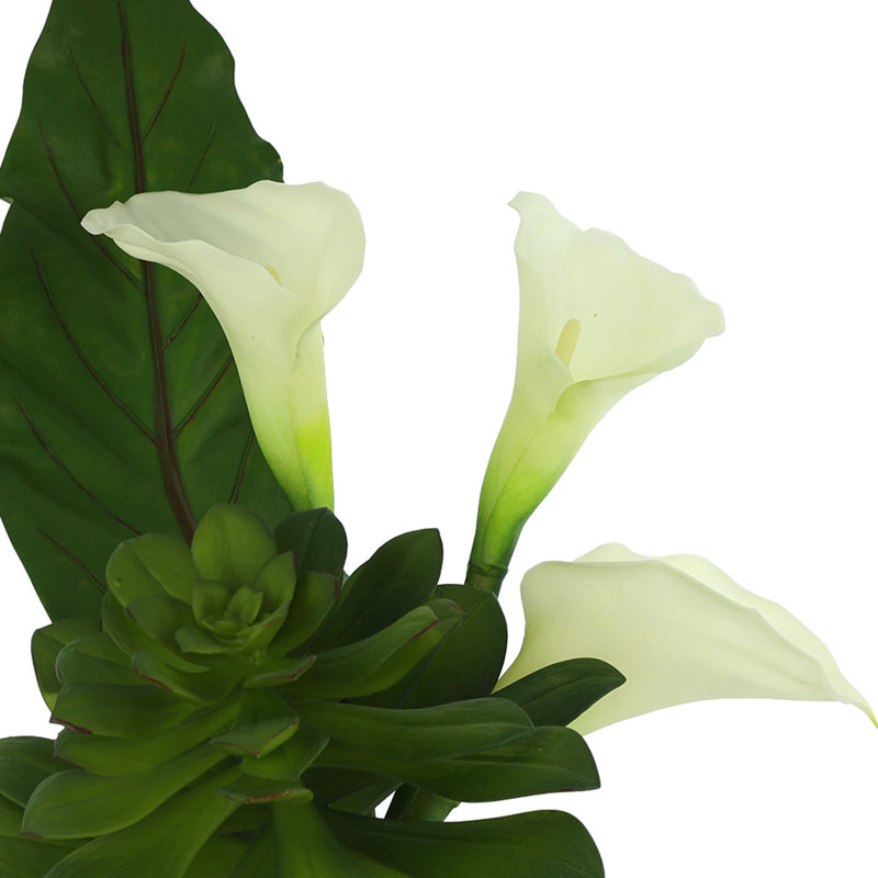 Faux floral moderne avec lis Calla et plantes grasses, H 18,5 po x l 11,5 po x P 12 po