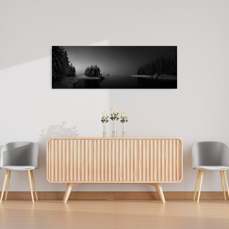 «Misty Winter Lake Peaceful Serene Tranquil Forest Landscape», art mural, H 16 po x l 48 po