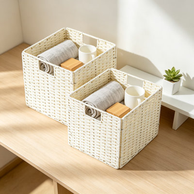 Handwoven Wicker Baskets for Storage, Foldable Paper Rope Cubes with Handles, Square Organizer Bins for Shelves, Closets, and Home Decor, 2 Pack