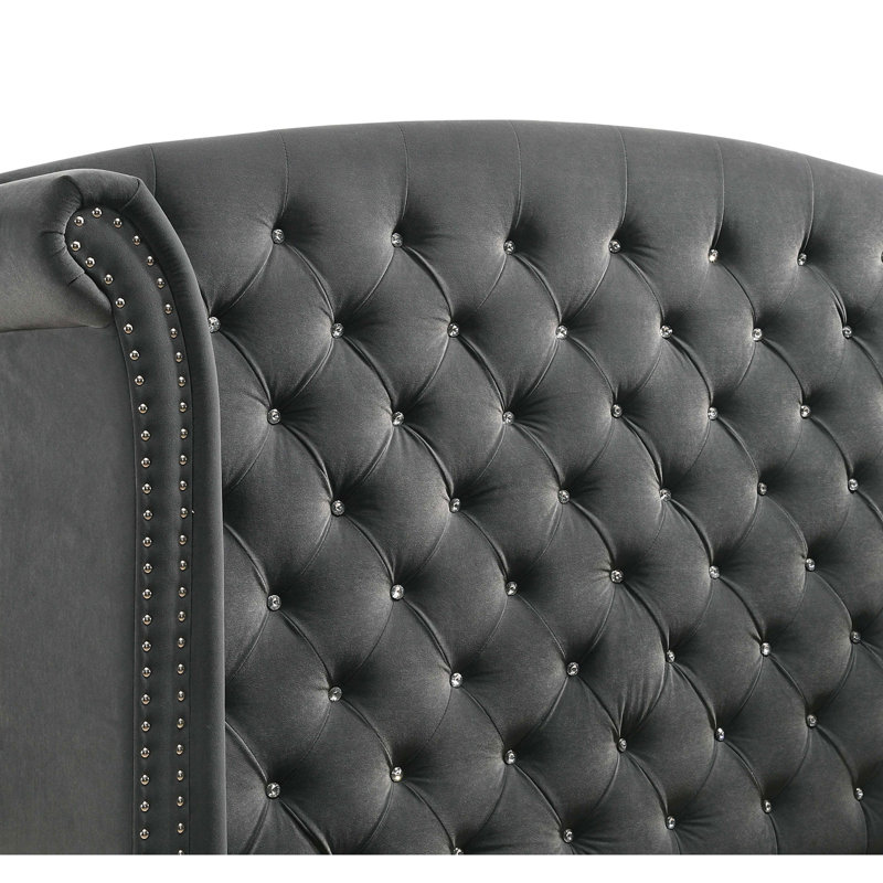 Gray Upholstered Queen Wingback Bed