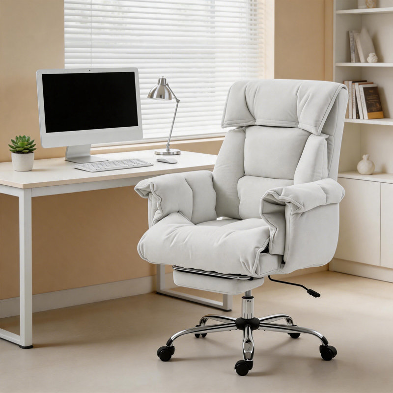 Chaise de bureau à haut dossier, chaise de bureau inclinable avec repose-pieds, coussin épais, mousse à haute résilience, hauteur réglable, roulettes, blanc crème