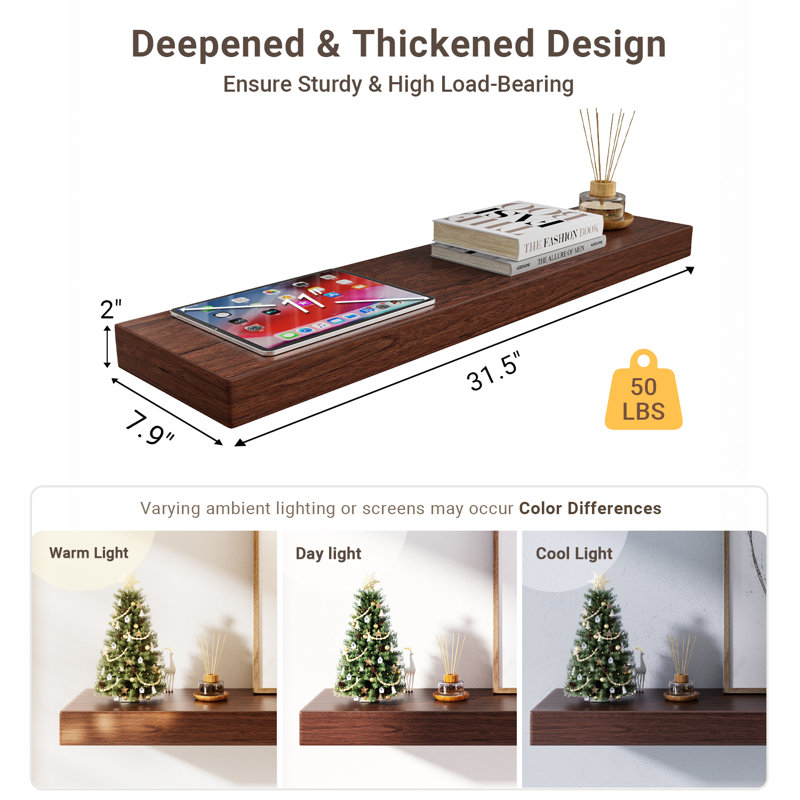 Friesen 2 Piece Painted Wood Floating Shelves, Bathroom Wall Shelves 2 Inches Thick, 2" H x 32" W x 8" D, Dark Brown Wood