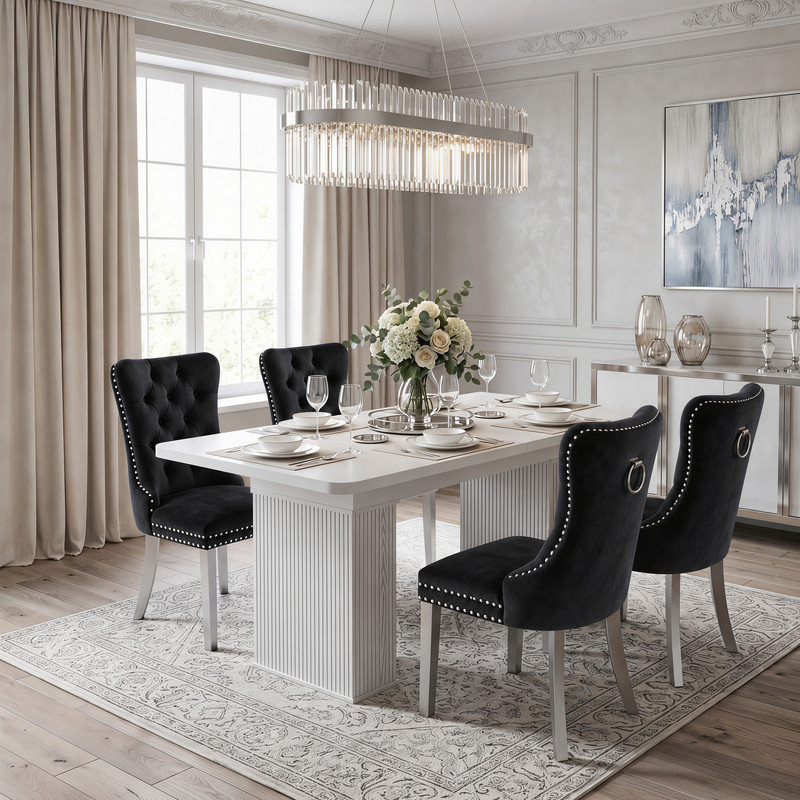 Ensemble de salle à manger extensible pour 4 à 8 personnes avec des chaises rembourrées en velours et une table centrale à double pied