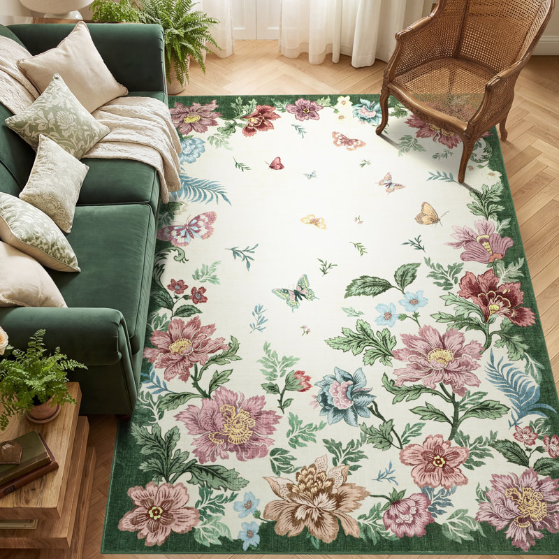 8x10 Floral Washable Area Rug Low Pile Carpet With Non Slip Base and Stain Resistant Finish for Living Bedroom and Dining Spaces, Beige