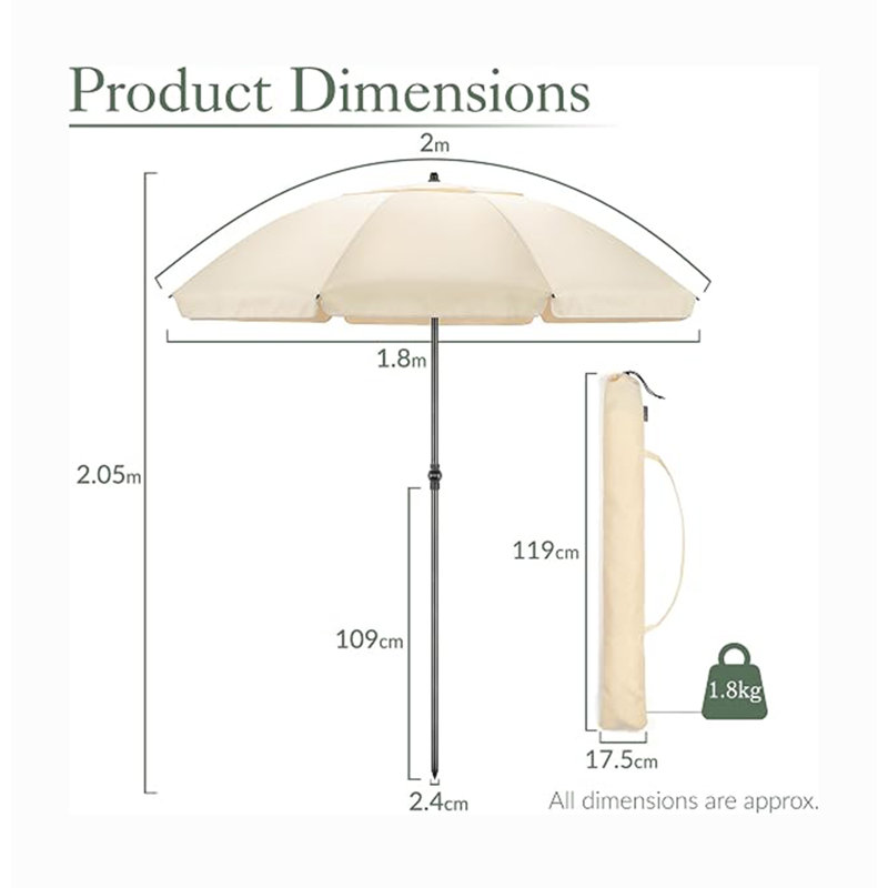 2m Beach Umbrella Portable Tilting Parasol Sun Shade with UV Protection and Bag, Cream