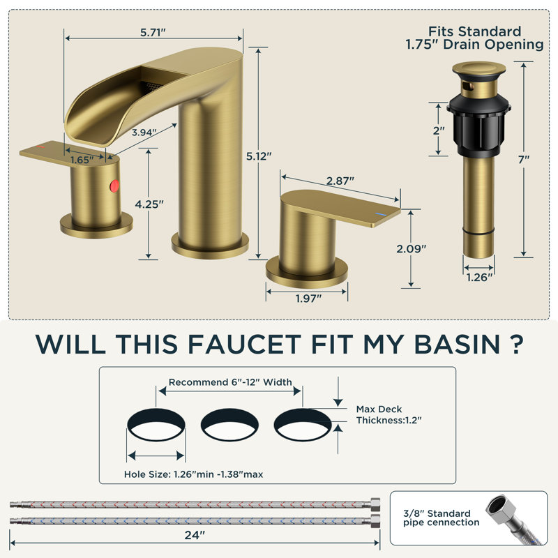 Bathroom Sink Faucet, Waterfall Bathroom Faucet Widespread 8 Inch 3 Hole With Pop-up Drain And Water Supply, Brushed Gold