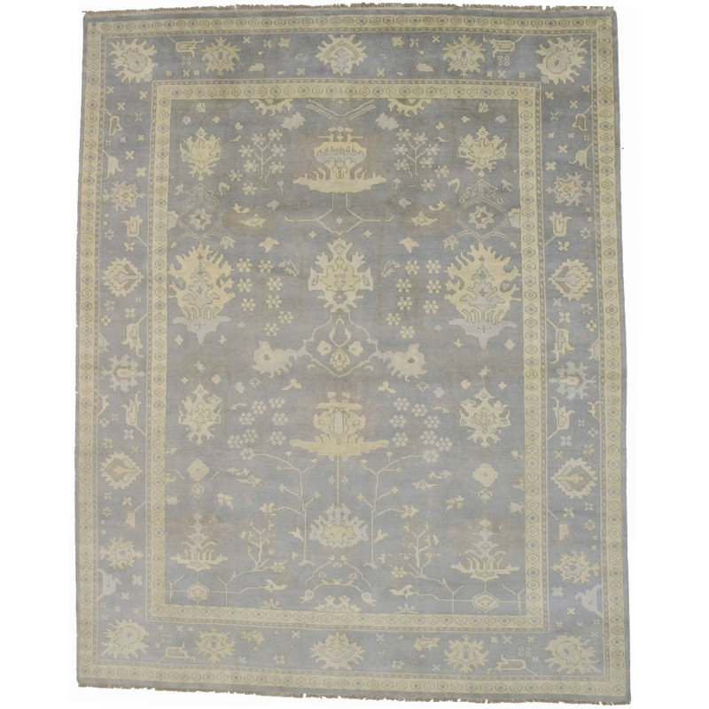 Tapis gris en laine fait à la main à motif floral Desrosiers