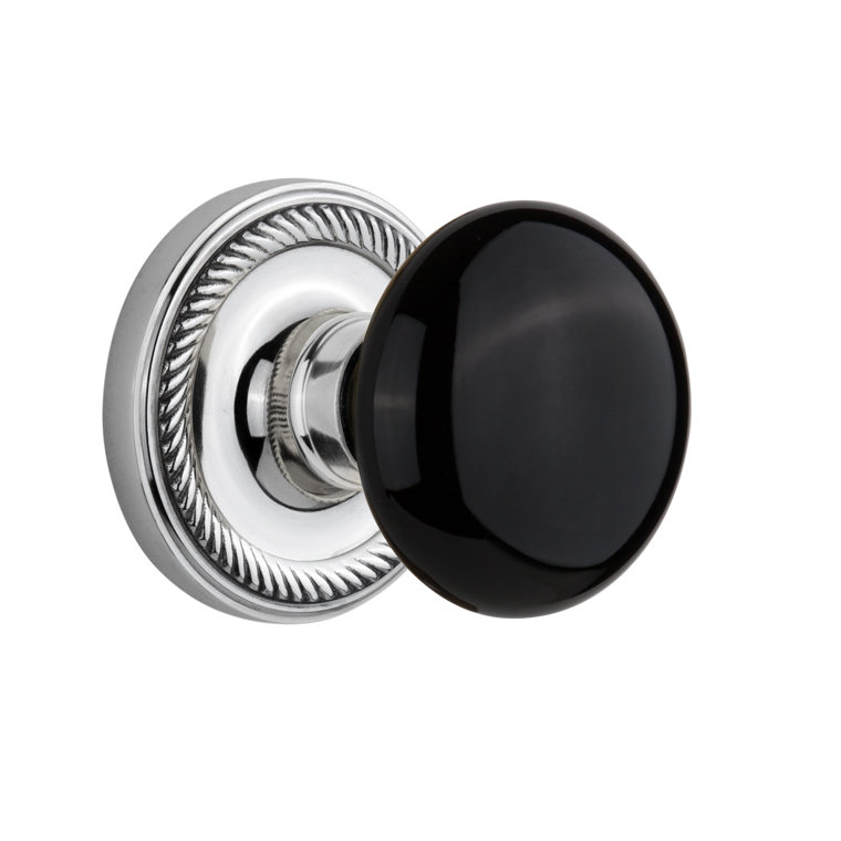 Rosette corde avec bouton de porte en porcelaine noire, 2-3/4", Chrome brillant