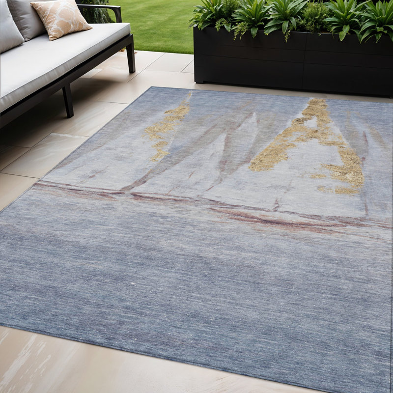 Tapis intérieur / extérieur bleu et doré 5 pi x 8 pi lavable