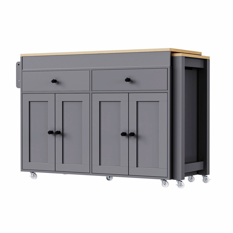 Kitchen Island With Extendable Dining Table , Rolling Kitchen Island With Spice Rack And 2 Drawers,  Kitchen Storage Cart For Kitchen, Dining Room