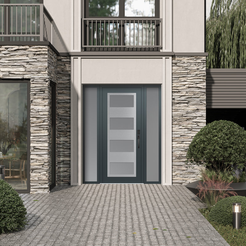 Porte d'entrée avant prémontée à 2 panneaux latéraux en acier argenté anthracite / anthracite, L 69 po x H 81,69 po, Gelé