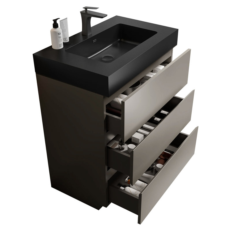 Meuble-lavabo de 30 po - fonctionnement silencieux gris moderne, grand rangement, lavabo noir avec grand rangement et conception sans poignée