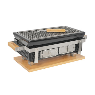 Barbecue portatif CL-15 Hibachi pour barbecue coréen Yakitori, poêle à charbon en céramique émaillée avec évent réglable, base en bois, poignée tactile au toucher et lève-grille inclus