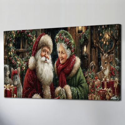Grand Abhirami Decor - Père Noël et madame Claus, scène d'hiver des Fêtes avec des cadeaux de rennes, impressions sur toile pour salon, chambre à coucher, décorations murales de ferme, 30 po x 60 po