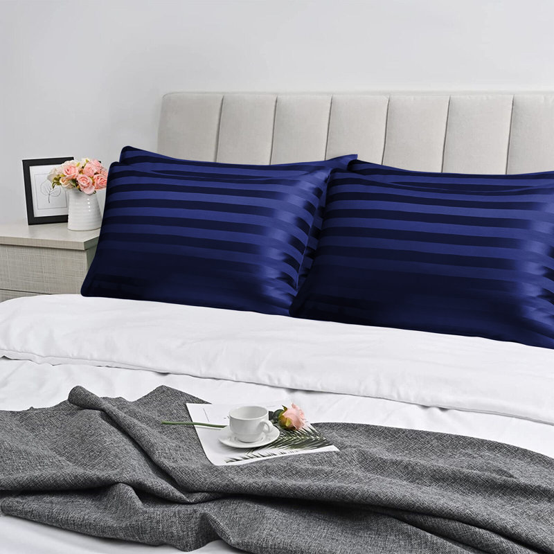 Pack of 2 Silky Soft Satin Striped Microfiber Pillow Covers - Luxury Look, Easy Care, Standard Size, Blue