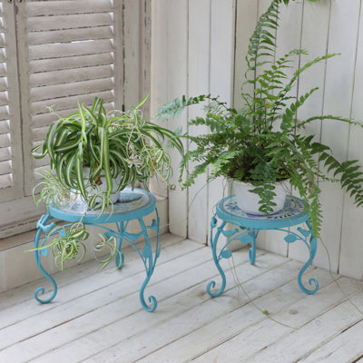 Metal Plant Stand Set of 2  for Indoor & Outdoor, Ceramic Top Round Flower Holder for Patio Living Room Garden 
