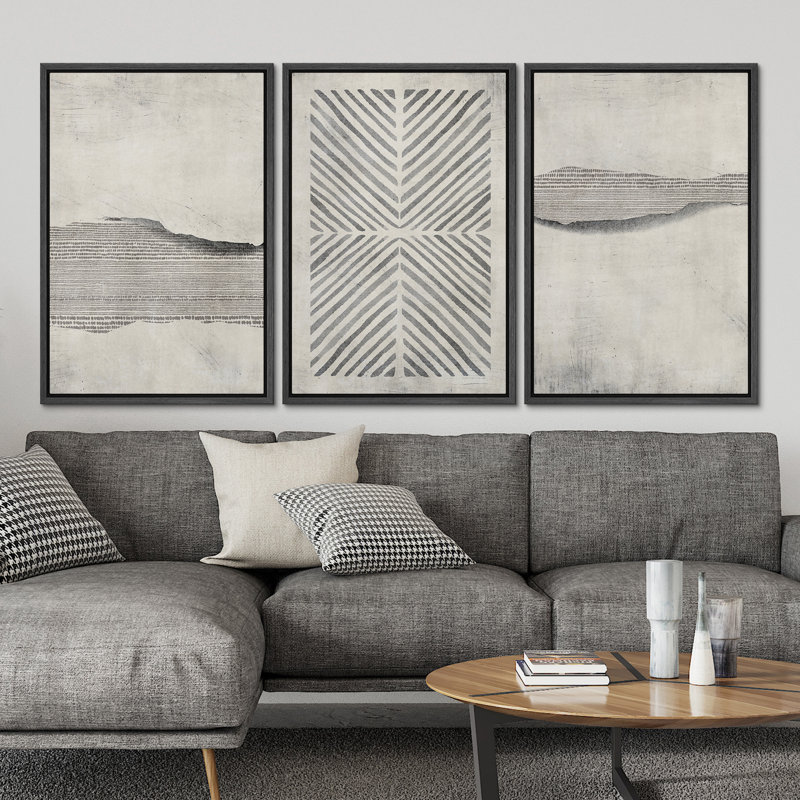 Geometric Abstract Simple Neutral Modern Pictures Home Decor - Framed Canvas Print Wall Art Work, Black Framed