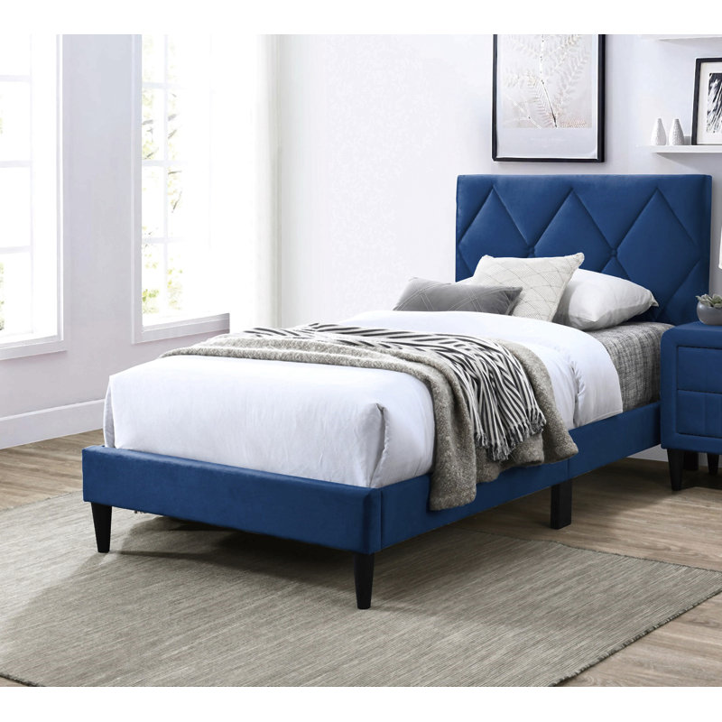 W Adjustable Headboard Bedframe,Velvet Upholstered Youth Bedroom Furniture, Twin, Navy Blue