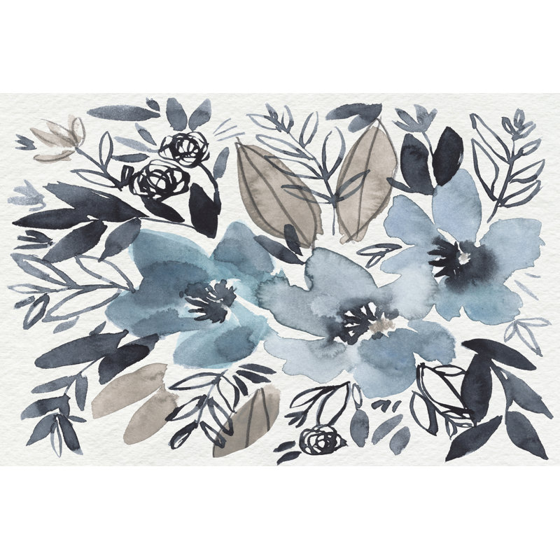Blue And Paynes Blooms I - Painting, Black Floater Framed, 61cm H x 91cm W