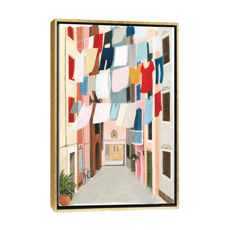 « Laundry Day II » par Grace Popp-impression d’art graphique, H 40 po x l 26 po x P 1,5 po, Toile encadrée d'or, Pas de tapis