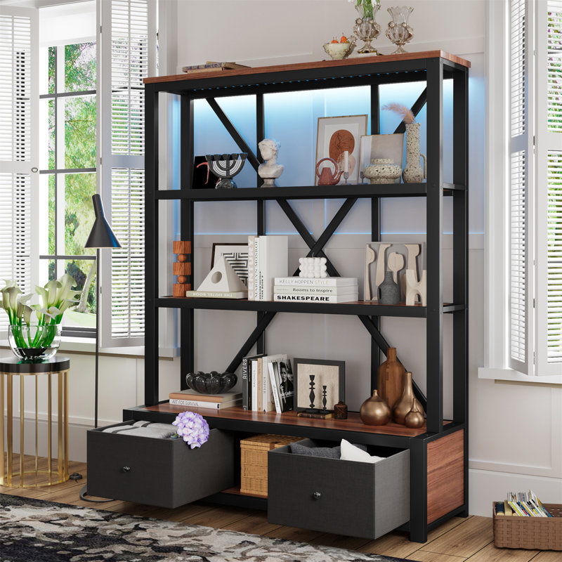 3-Shelf Metal Bookcase With Drawers For Home Office, Open Bookcase, Vintage Industrial Style Bookcase With LED