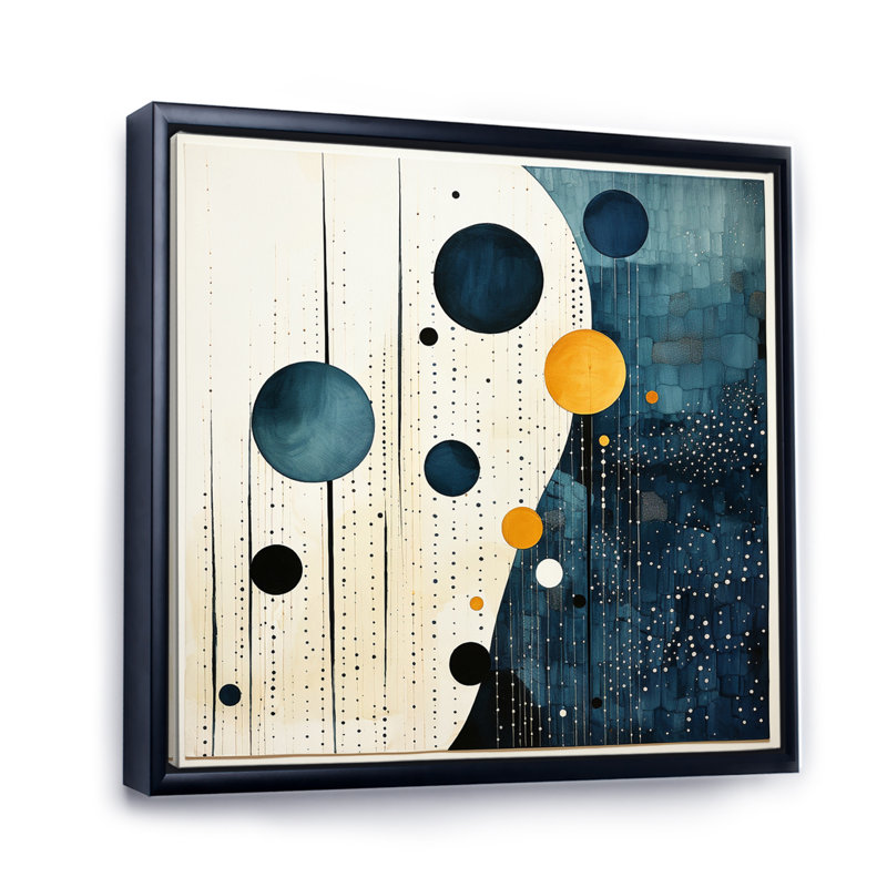 Bleu sarcelle jaune Mid Century Minimalist Rain I - art mural minimaliste pour le salon, Cadre flottant noir