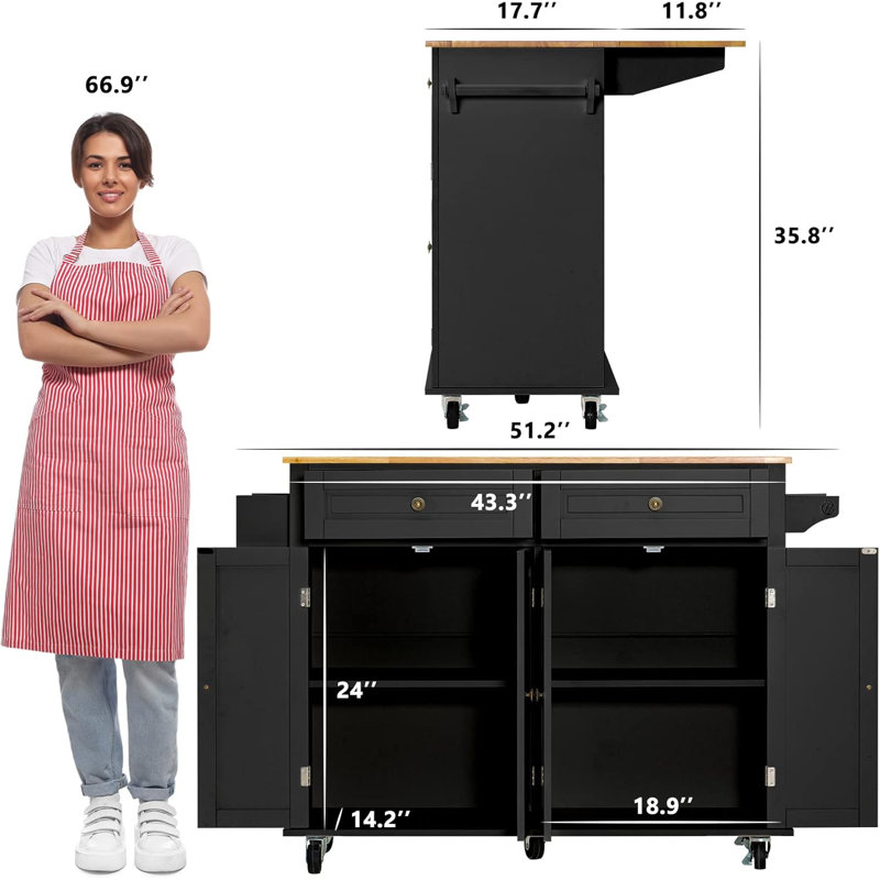 Rolling Kitchen Island With Drop Leaf, Movable Kitchen Carts On Wheels Island With Storage Cabinet, Island Table For Kitchen With Rubber Wood Top And Rack And Drawer, Matte