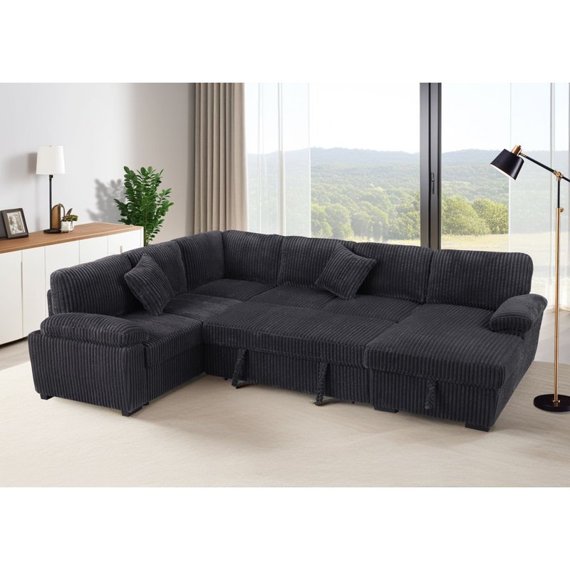4 Piece Upholstered Corduroy  U-Shape Sectional Sleeper Sofa Bed(Pull Out Style) With Storage Space
