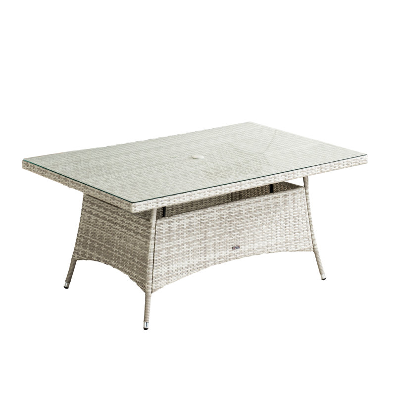 Table de salle à manger 6 places en aluminium PE rotin - verre trempé de 5 mm, trou de parasol, résistant à la rouille et aux rayons UV pour la terrasse