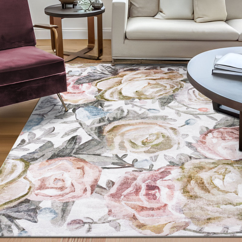 Jasmine Modern Flower Design Machine Washable Area Rug Pink/Yellow/Ivory Multi, Rectangle 3'6" x 5'6"