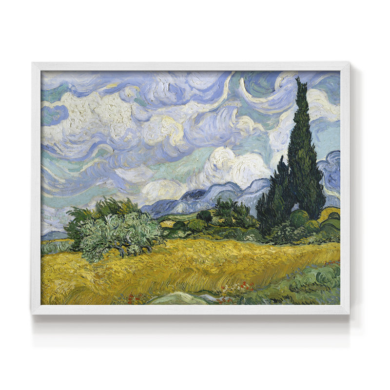 Champ de blé avec cyprès - impression encadrée - réarmable, H 22 po x l 28 po, Blanc