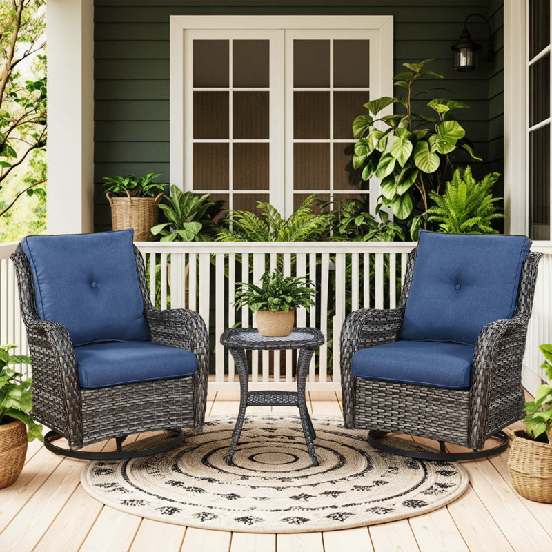 Schutt 3 Piece Patio Set Outdoor Wicker Glider Rocking and Swivel Chairs with Cushions, Light Gray, Blue